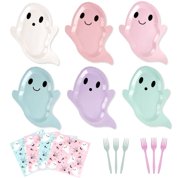 72pcs Halloween Ghost Tableware Set, 6-Color Ghost Paper Plate with Forks & Napkins, Disposable Dinner Snack Plates, Ideal for Halloween Birthday Family Gatherings Party Supplies, Serves 24