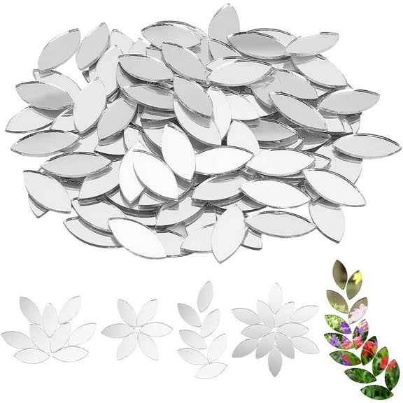 150pcs Leaf Shape Craft Mirrors Mosaic Tiles 11x25mm Petal Mosaic Tiles Mini Glass Mirror Tiles Leaf Glass Cabochons Glass Flower Leaves Tiles for DIY Crafts Art Wall Door Home Decorations