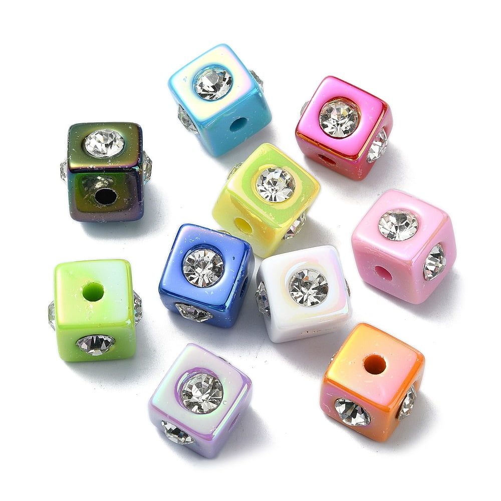 150pcs Opaque Acrylic Beads with Rhinestone AB Color Cube Mixed Color 14x17x17mm Hole: 3.7mmDIY