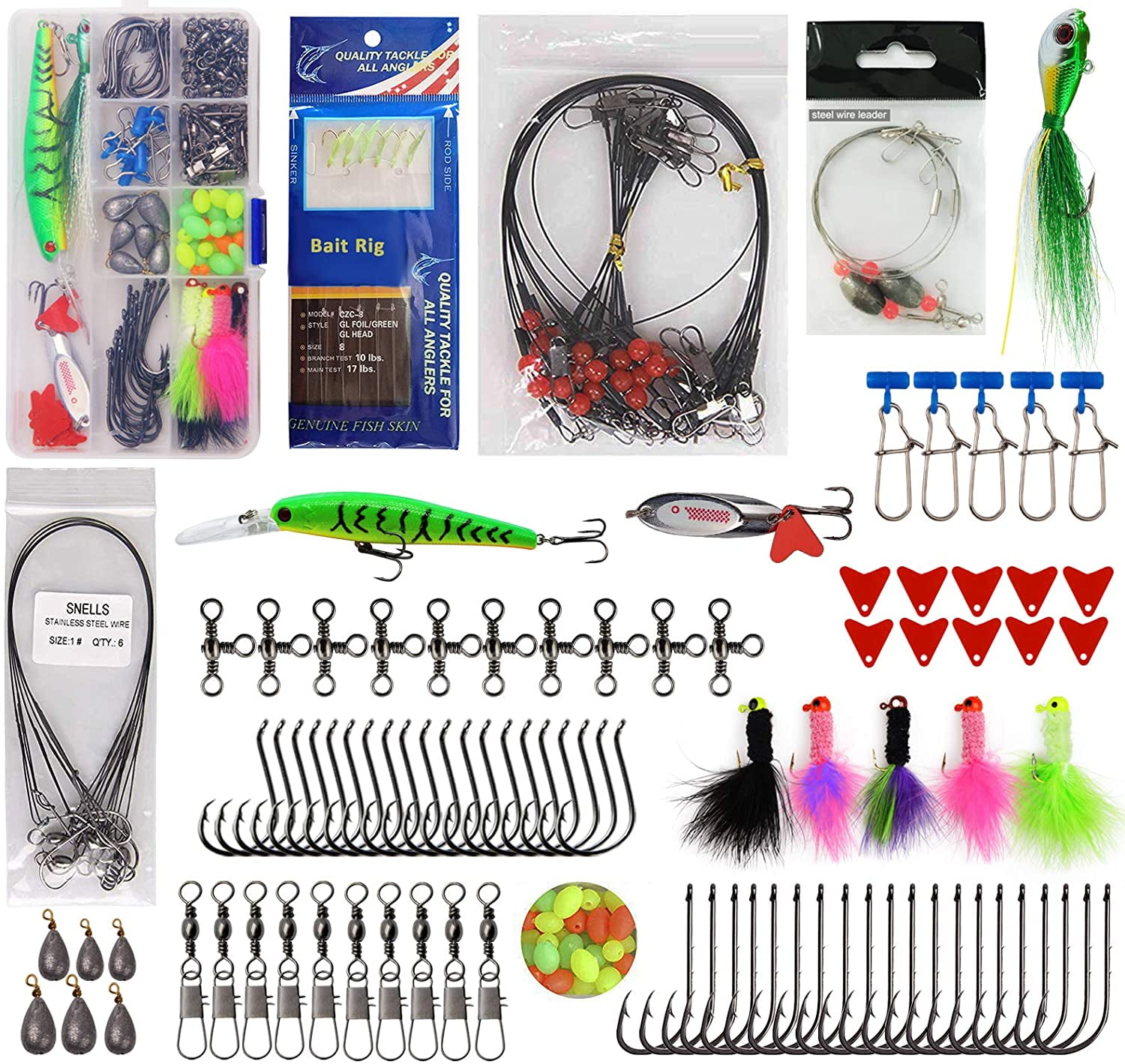 150pcs Saltwater Fishing Lures Surf Fishing Tackle Kit - Fishing Bait Rigs, Fishing Circle Hooks, Fishing Swivel Snaps, Hard Bait Minnow, Bucktail Jig, Metal Spoon, Sinker Weight, Various Accessories
