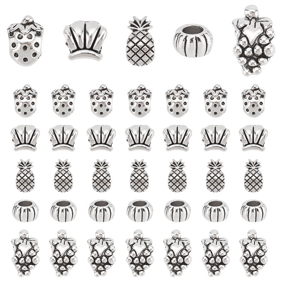 150pcs Silver Fruit Beads 5 Styles Tibetan Styles Beads Pineapple Spacer Beads Strawberry Loose Beads Rondelle European Beads
