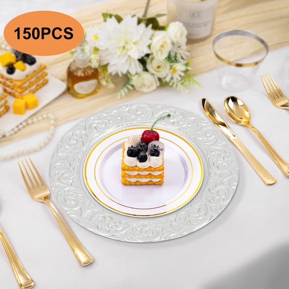 150pcs Silver PP 33cm Western Dim Sum Plate Embossed Scratch-Resistant Stackable Plates