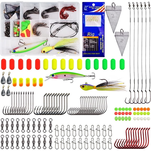 150pcs Surf Fishing Tackle Kit Saltwater Fishing Gear and Equipment Tackle Box with Tackle Included Fishing Bait Rigs, Bass Swimbait Lures, Pyramid Weights, Wire Leaders, Hooks Swivels