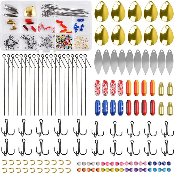 150pcs Walleye Spinner Rig Making Kit, Inline Spinner Lure Bodies Assortment with Treble Hooks Wire Shaft Clevis for DIY Fishing Lures