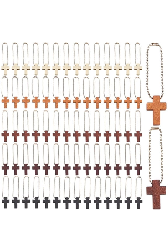 150pcs Wooden Pocket 5 Colors Mini Wooden Keychains Bulk Crosses Charms Pendant with Chains DIY