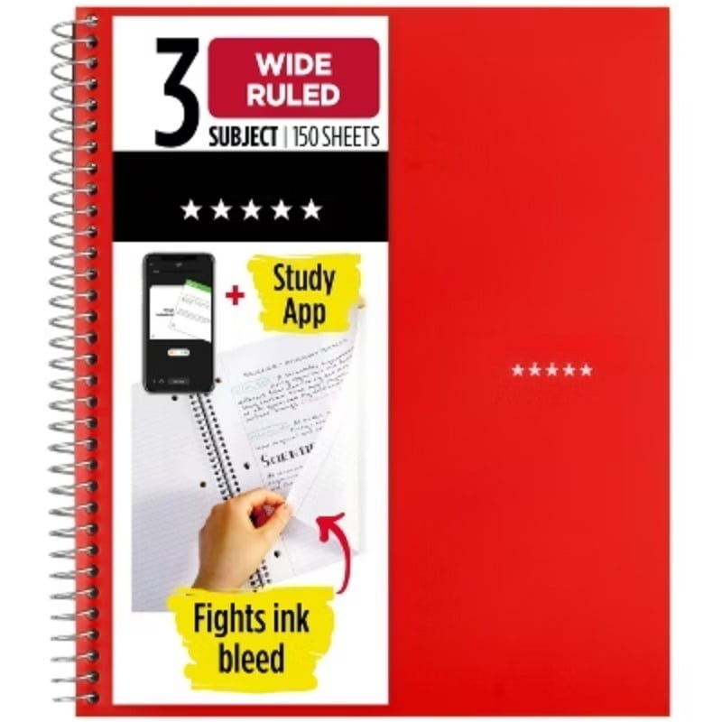 3 Subject Spiral Notebook 150 Pages - Wide Ruled, 3 Hole Punched ...