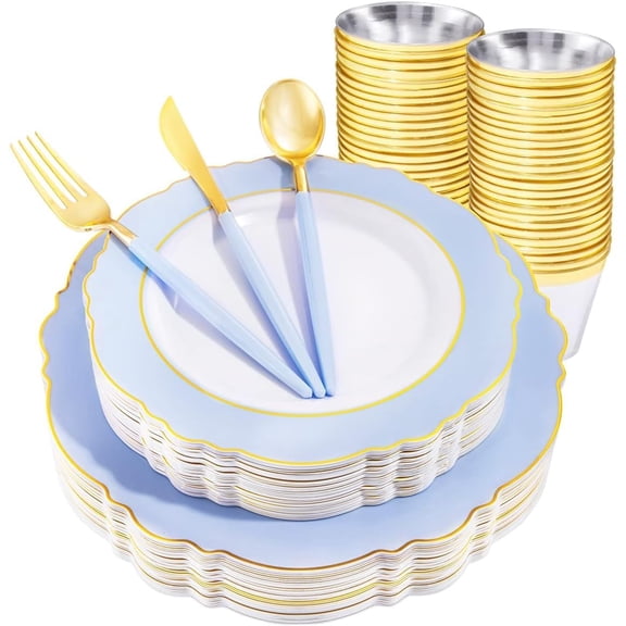 150pieces Baby Blue Plastic Plates with Gold Rim - Disposable Gold Plastic Silverware With Blue Handle-Baroque Light Blue&Gold Disposable Plates Dinnerware for Wedding/Party/Baby Shower