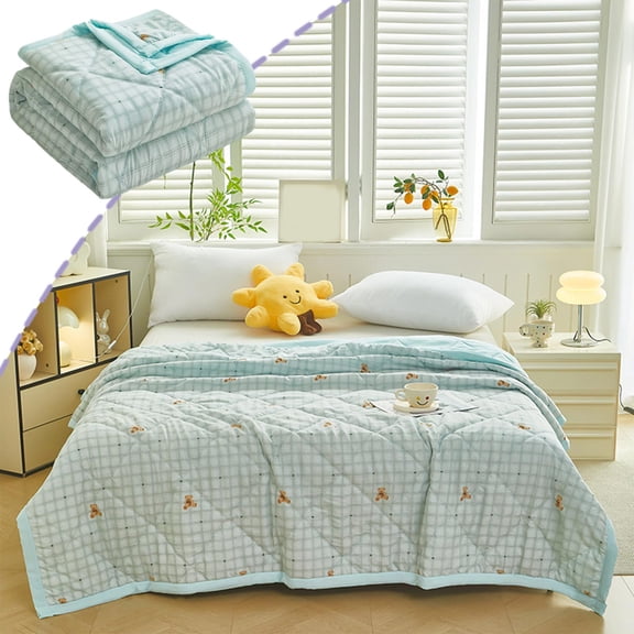150x200cm Washed Cotton Summer Quilt, Machine Washable Bear Print Air Conditioned Blanket
