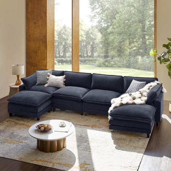 151.5" Oversized Sectional Modular Sofa Modern 6 Seater U Shaped Couch Comfy with 3-Layer Cushion for Living Room Navy