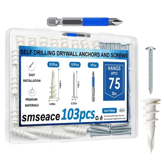 151Pcs Black Self Drilling Drywall Anchors with Screws Kit, 75Pcs #8 Self-Tapping Screw, 75Pcs Drywall Anchor, 1Pcs Drill bit Holds Upto 75lbs