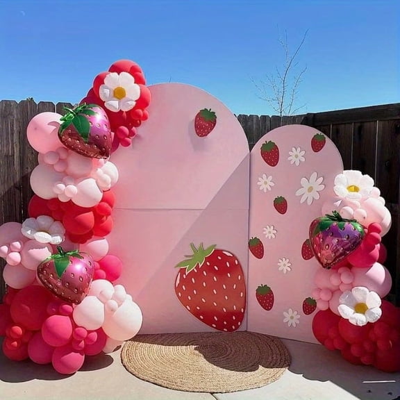 151-Piece Strawberry Party Decorations Set - Pink Latex & Polka Dot Red Balloon Wreath Arch for Birthdays, Weddings, and Events