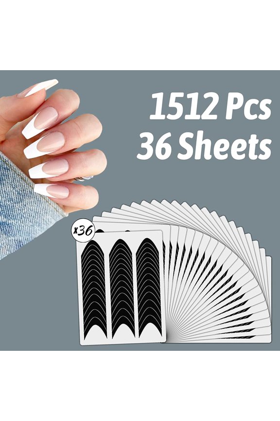 1512 Pcs French Tip Nail Guides, Self-Adhesive French Smile Manicure Strip Stickers for Edge Auxiliary Black DIY Decoration Stencil Tools(Moon Shape Design, 36 Sheets)