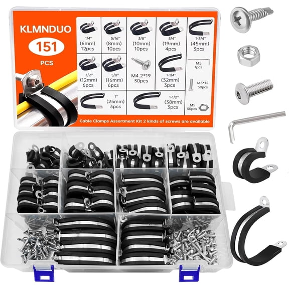 151PCS Cable Clamps Assortment Kit, 10 Sizes-1/4 5/16" 3/8" 1/2" 5/8" 3/4" 1" 1-1/4" 1-1/2" 1-3/4" 304 Stainless Steel Pipe Clamp with 2 Kinds of Screws for Hose,Tube,Automotive,Fuel Line