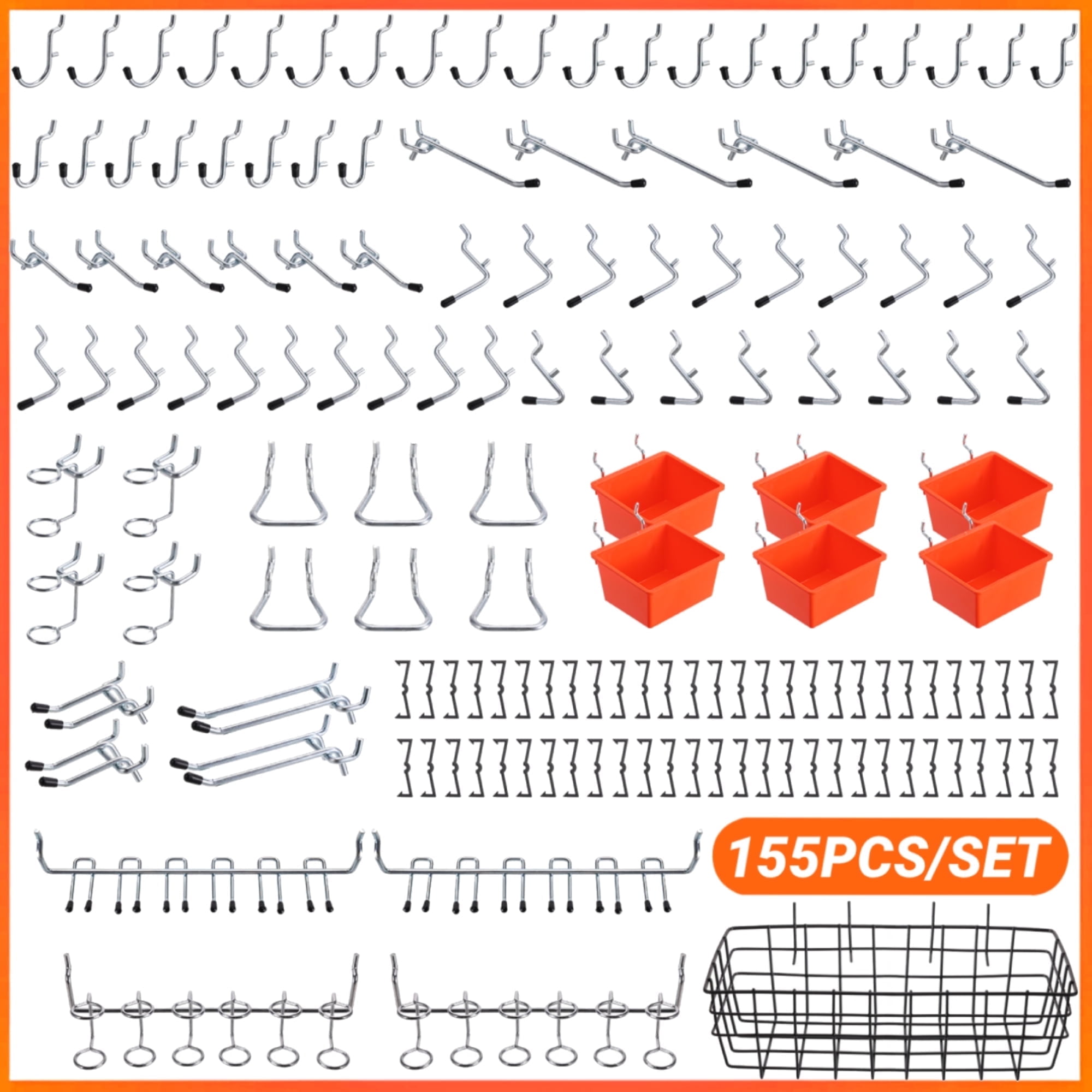 Pegboard Hooks Kit,ENJOYWOOD 155PCS/SET Peg Board Accessories Organizer Kit with Various  Hooks,Bins,Baskets,Fit 1/8 or 1/4 inch Pegboard for Garage Workshop Wall Hanging Tools