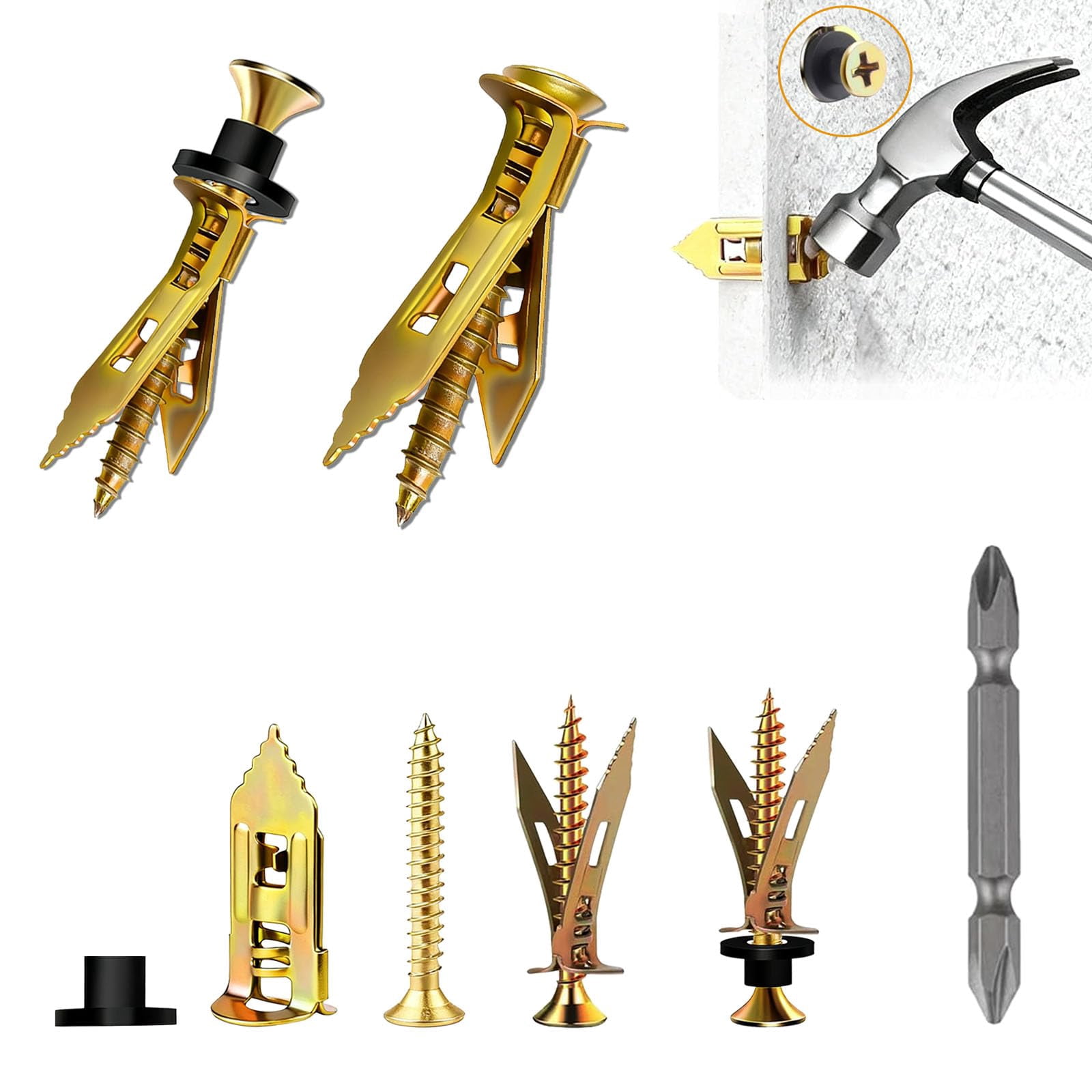 151Pcs Self Drilling Drywall Anchors Kit, 50 Sheetrock Anchors, 50 Screws(M4 X 40MM), 50 Washers & 1 Phillips Bit, No Drill Needed for Wall Decoration, Fixing & Hanging