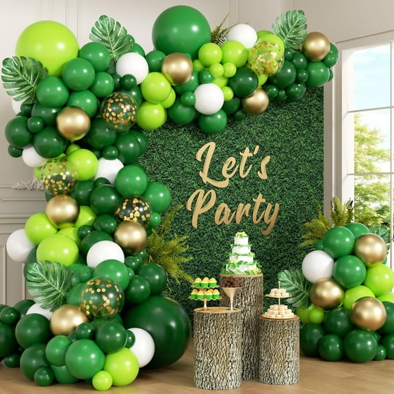 151pcs Jungle Safari Balloon Garland Arch Kit with Dark Green Lime Green White Metallic Gold Confetti Balloons Leaves for Jungle Safari Dinosaur Birthday Baby Shower Party Decorations