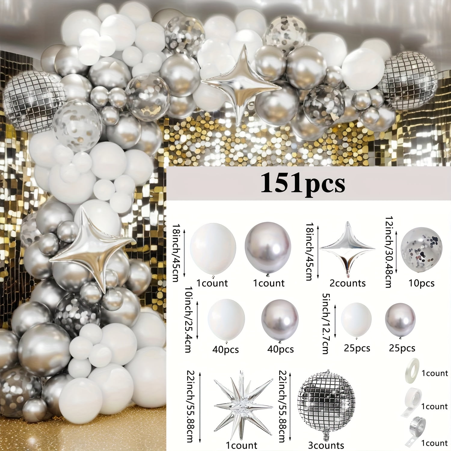 151pcs Silver Themed Balloon Garland Arch Kit with Disco 4D Ball ...