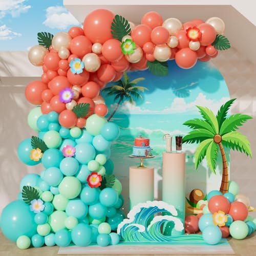 151pcs Tropical Balloon Arch Kit, Coral Red Green Blue Gold Party Decorations for Luau, Hawaiian, Jungle Theme Birthday Party Supplies