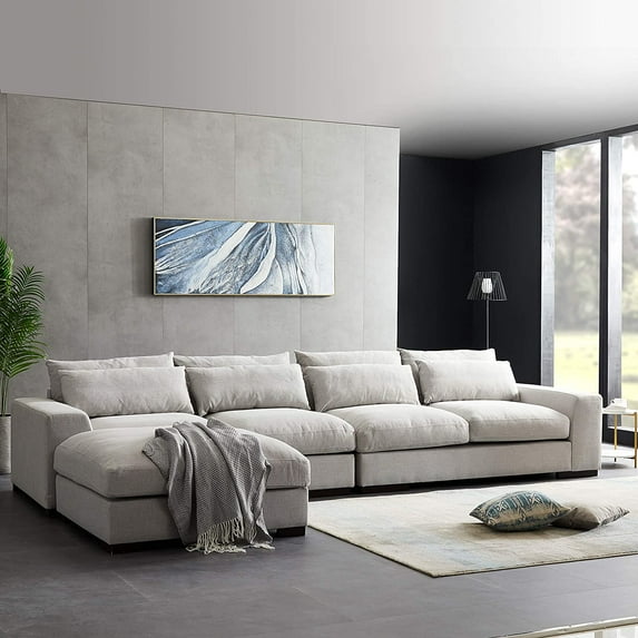 152" Large Modular Sectional Sofa W/Down Feather Filled & Reversible Lounge Chaise, L-shaped Corner Couch with Movable Ottoman for Apartment, Home Living Room Hotel Lobby Furniture Sets ,Light Grey