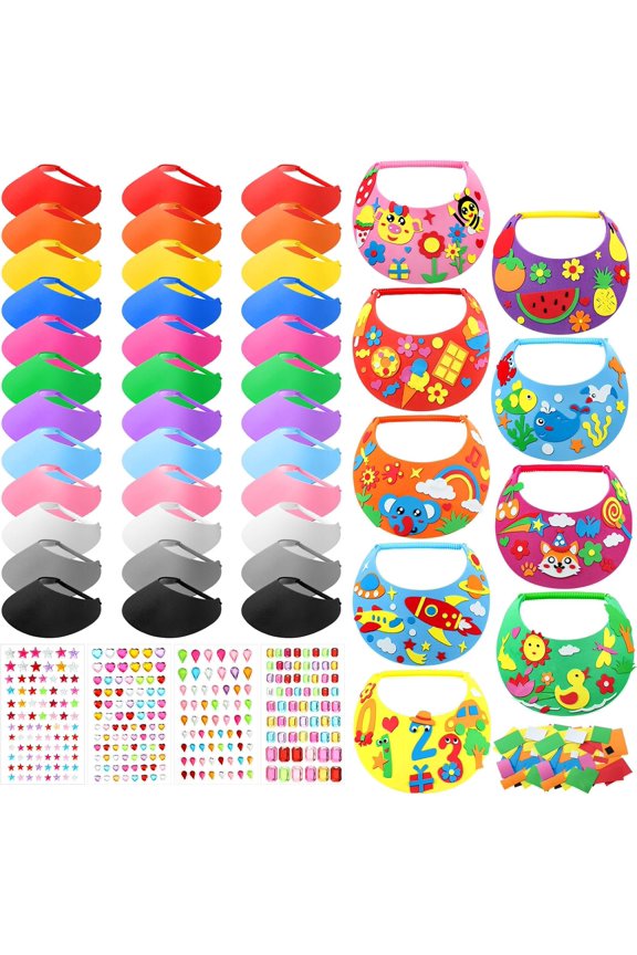 152 Pcs Foam Visors Craft Kit with Felt Pieces and Rhinestone Stickers for Summer Party Activities