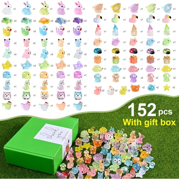 152 Pcs Tiny Mini Resin Animals Luminous Small Little Plastic Animals Variety Pack Bulk Miniature Figurines Figures Ducks Turtle Owl Frog Dog 96 Styles Garden Decor$$Garden & Patio