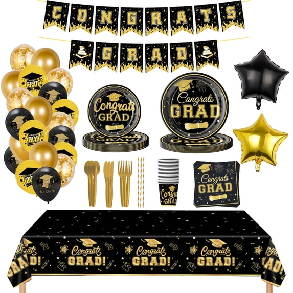 152PCS Black Gold Graduation Decorations Class of 2026 Graduation Party Supplies 2026 Graduation Plates and Napkins Graduation Banner for 2026 Black and Gold Graduation Party Decorations
