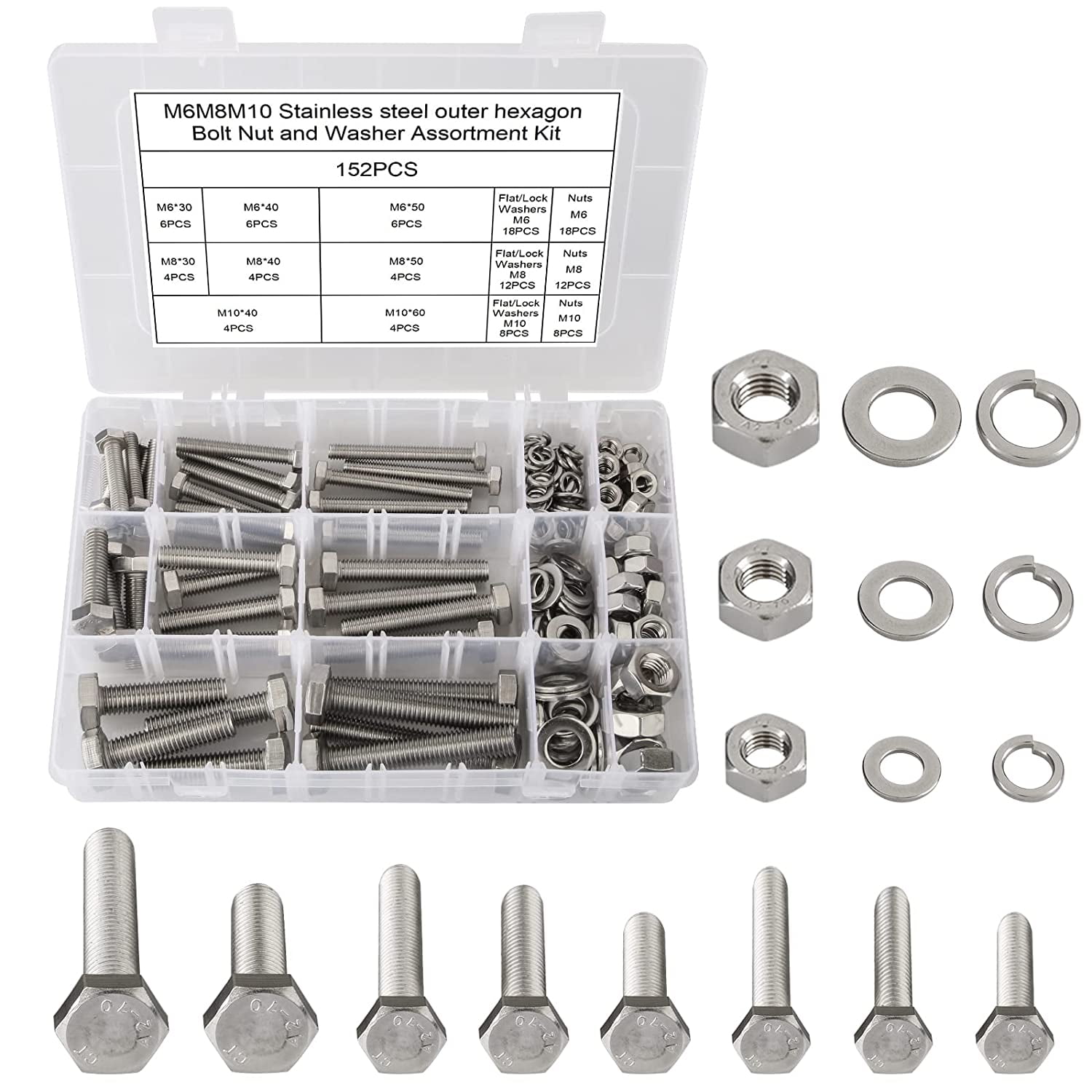 152PCS Flat Hex Head Screws Bolts and Nuts Kit M6/M8/M10, Metric Bolt