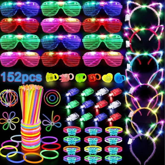 152PCS Glow in the Dark Party Supplies for Kids Adults, Party Favors with Light Up Glasses, Headband, Rings, 100 Glow Sticks Bulk Party Pack DIY Glow Necklaces for Wedding,Birthday,Concert,New Year