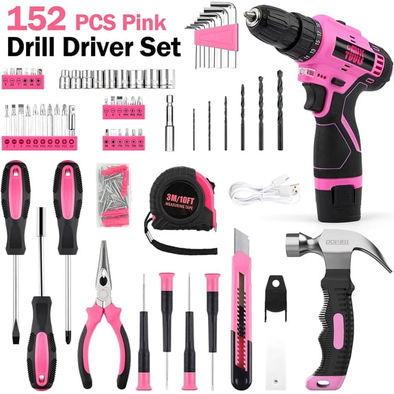 152PCS Home Tool Kit with 12V Cordless Drill, Pink