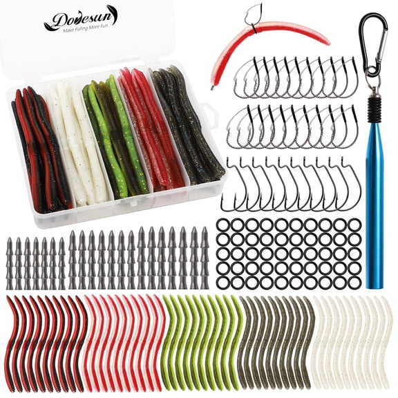 152PCS Wacky Worm Rig Kit - Soft Plastic Lures with Hooks and Sinkers for Freshwater
