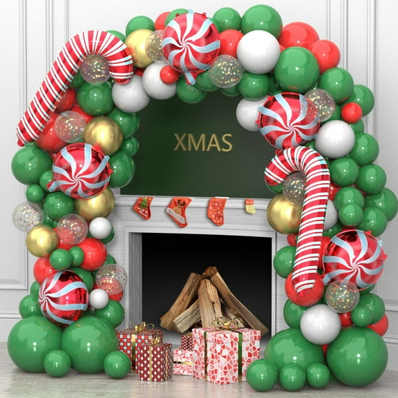 152Pcs Christmas Balloons Garland Arch Kit with Xmas Green Red White Gold Red Candy Balloons for Christmas Party Decorations