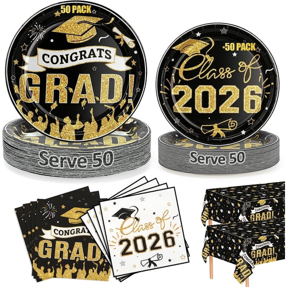 152Pcs Graduation Plates and Napkins 2026,Class of 2026 Disposable Dessert Paper Plates, Black Gold Congrats Grad Party Supplies for College High School Graduation Decorations, Serve 50