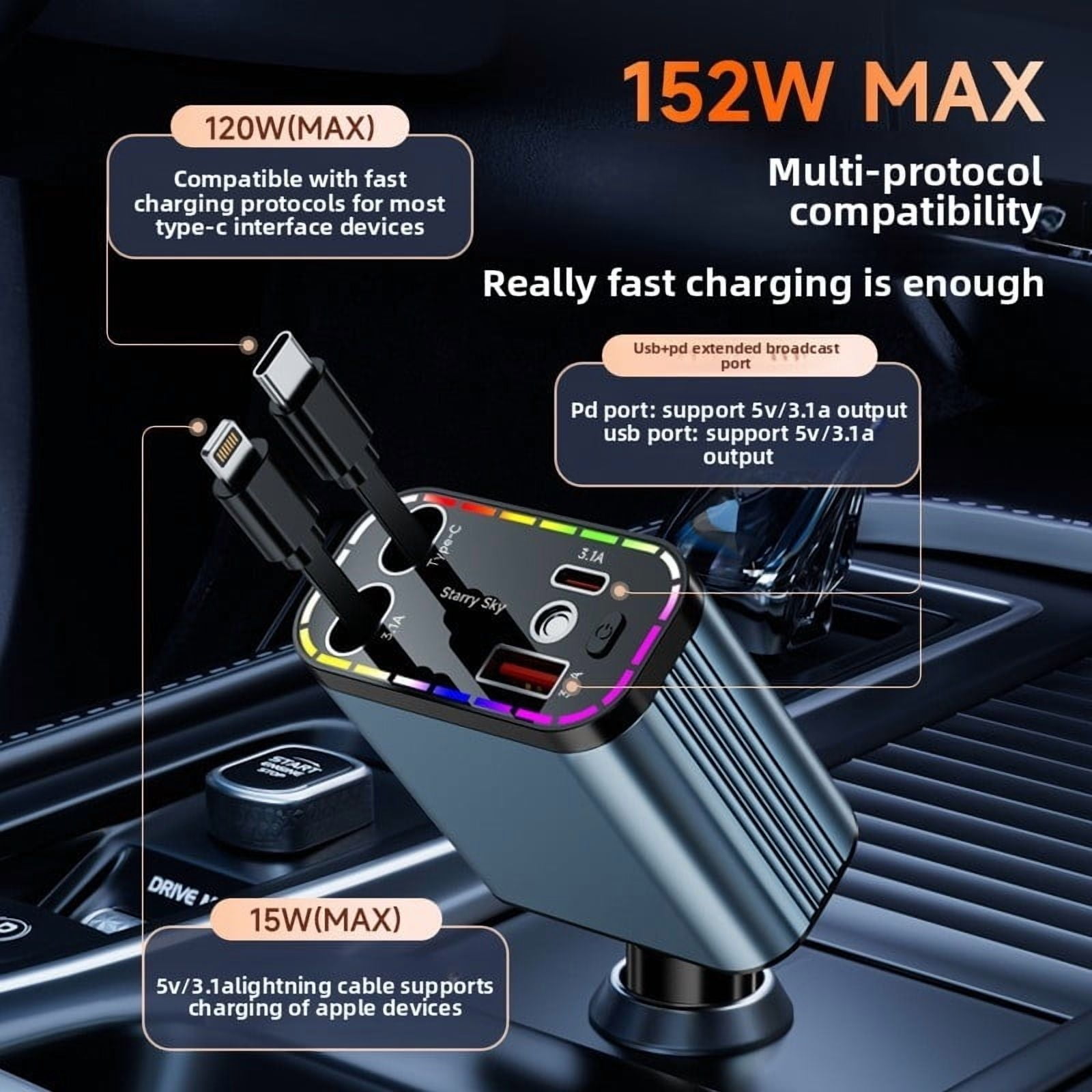 152W USB C Fast Car Charger with PD Quick Charge, 4 Port Cigarette Lighter Car Charger with Dual Retractable Cables and LED Ambient Light, for iPhone and Android
