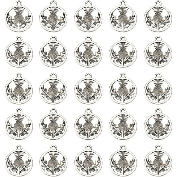 152g Scotland Charms Thistle Charms Bulk Thistle Charm Tibetan Style Alloy Scottish Charm Flat Round with Flower Charm for Jewelry Making Charms DIY Earrings Bracelet Necklace Craft