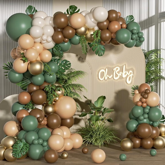 152pcs Sage Green Brown Balloon Garland Kit, Jungle Safari Woodland Balloon Arch Kit with palm leaves artificial Ivy leaves for Two Wild One Birthday Wedding Baby Shower Party Decorations