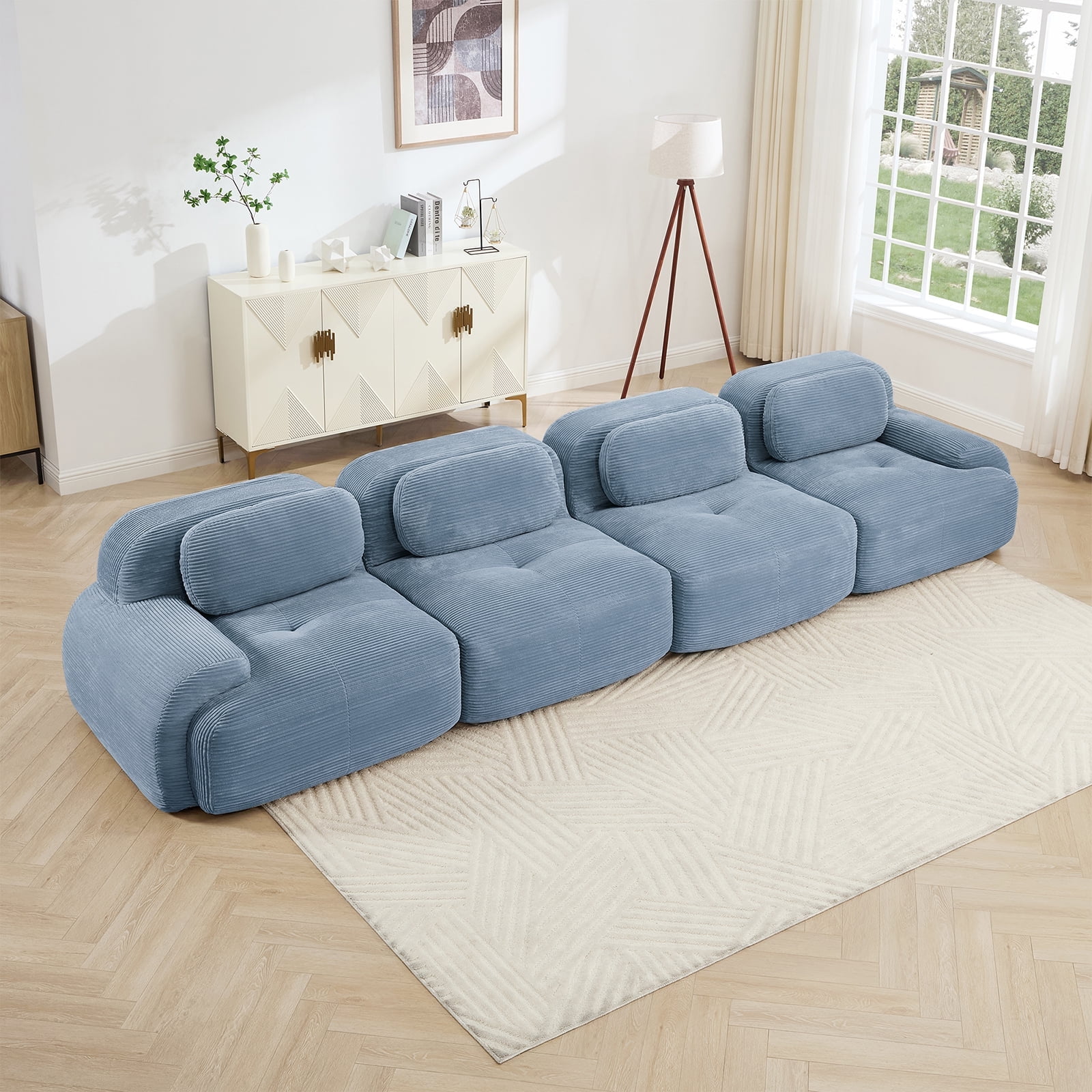 151" Modern Compressed Boneless Couch, 4 Seater Sectional Couches for Living Room, Blue Corduroy Cloud Modular Sectional Sofa, Comfy Memory Foam, Extra Deep, Sofas para Sala, No Assembly