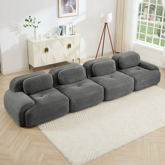 151" Modern Compressed Boneless Couch, 4 Seater Sectional Couches for Living Room, Gray Corduroy Cloud Modular Sectional Sofa, Comfy Memory Foam, Extra Deep, Sofas para Sala, No Assembly
