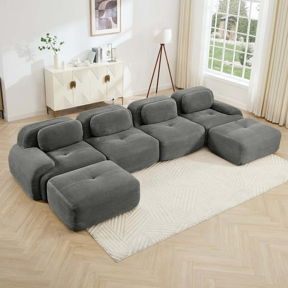 151" Modern Compressed Boneless Couch with Ottoman, 4 Seater Large U Shaped Sectional Couches for Living Room, Gray Corduroy Cloud Modular Sectional Sofa, Memory Foam, Extra Deep, No Assembly