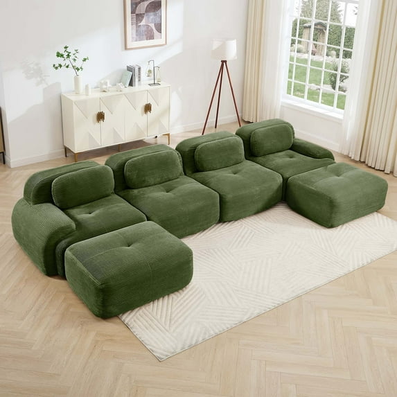 151" Modern Compressed Boneless Couch with Ottoman, 4 Seater Large U Shaped Sectional Couches for Living Room, Green Corduroy Cloud Modular Sectional Sofa, Memory Foam, Extra Deep, No Assembly