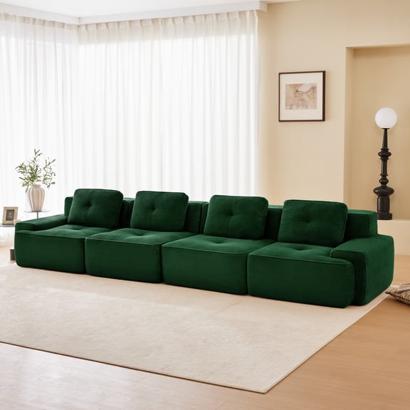 153" Modern Modular Sectional Sofa for Living Room, Corduroy Fabric, 4-Seater Couch with Deep Seat, Pearl-like Piping, Tufted Design, Buckle Connection, No Assembly, Anti-slip Design (Green)