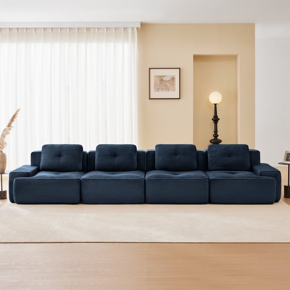 153" Modern Modular Sectional Sofa for Living Room, Corduroy Fabric,4-Seater Couch with Deep Seat, Pearl-like piping, Tufted Design, Buckle connection, No Assembly, Anti-slip Design, Blue