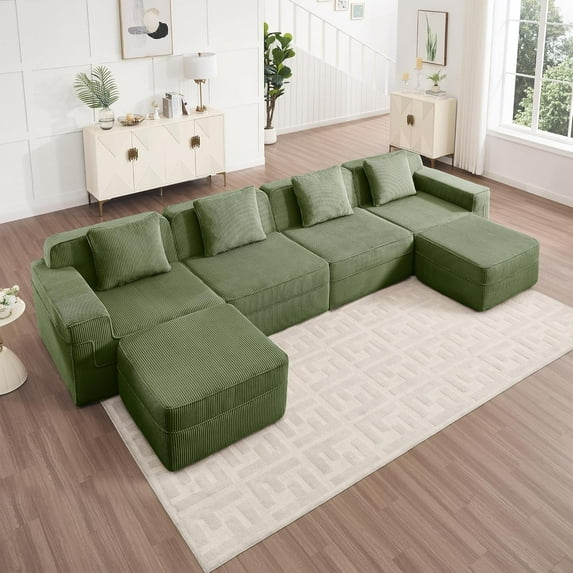 153'' Oversized Boneless Couch, U-Shaped Modular Sectional Sofa, Upholstered Corduroy Sofa, Double Chaise Lounge, 4 Pillows, 6-Seater Deep Cloud Couches for Living Room, Apartment, Green