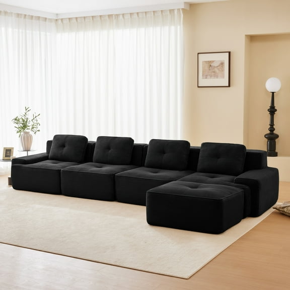 153" Oversized Modular Sectional Sofa, Corduroy Comfy Cloud Couch with 29.5" Extra-Deep Seat, Convertible L-Shaped Couch with Ottoman for Living Room, Black