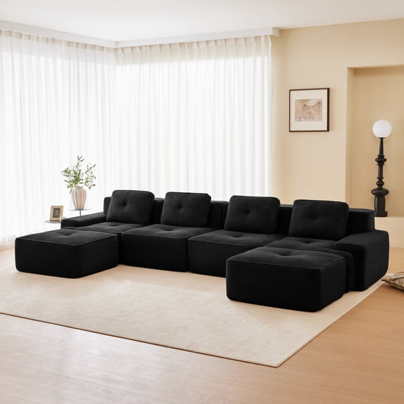 153" Oversized Modular Sectional Sofa, Corduroy Comfy Cloud Couch with 29.5" Extra-Deep Seat, Convertible U-Shaped Couch with Ottoman for Living Room, Black