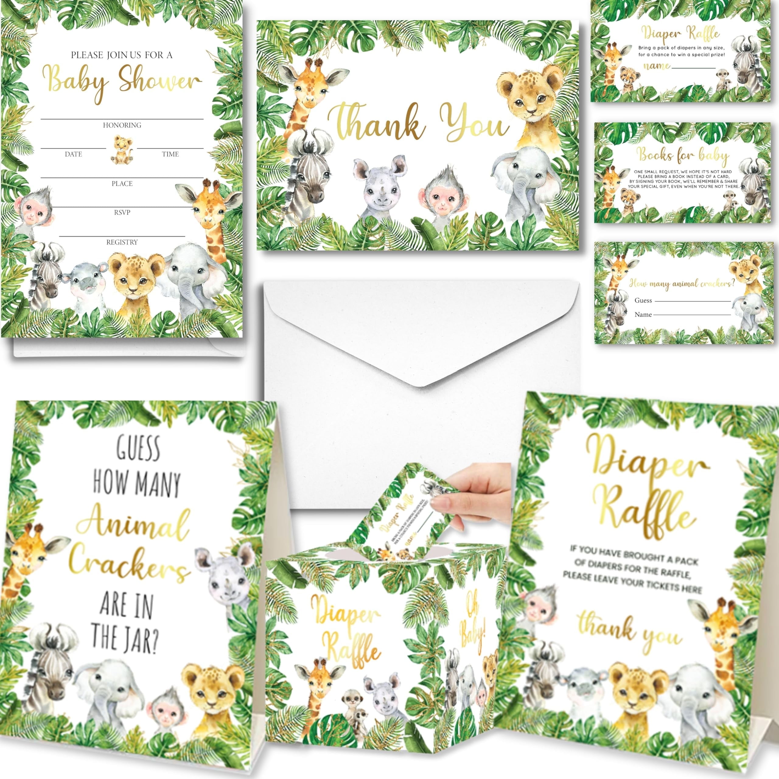 153 Pc Jungle Safari Baby Shower Invitations For Boy Or Girl With Envelopes, Baby Thank You Cards, Book Request Cards, Diaper Raffle Box With Ticket & Sign, Guess How Many Baby Shower Game