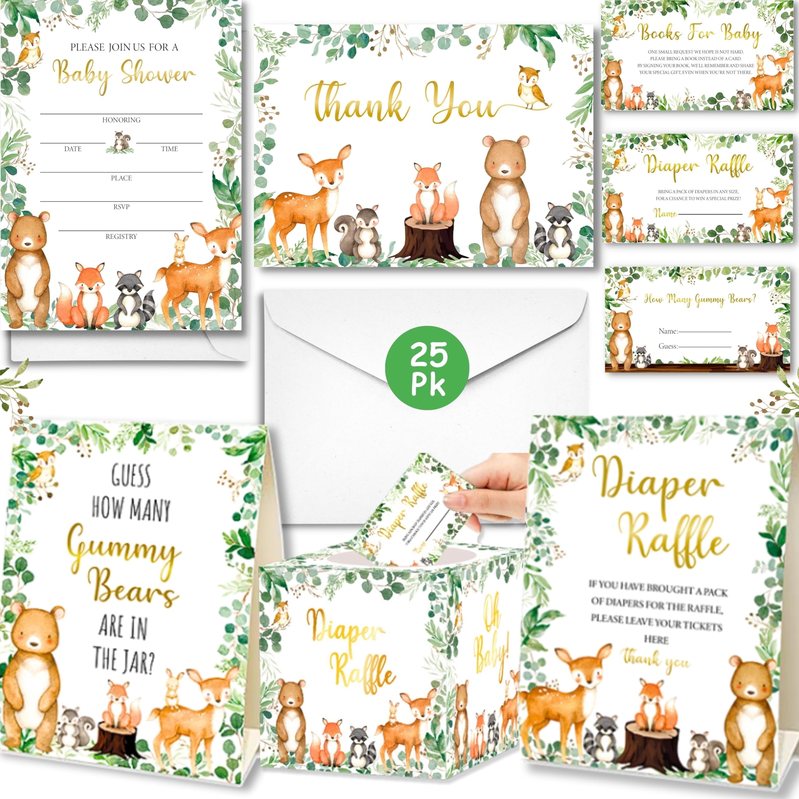 53 Pc Woodland Baby Shower Invitations for Boy or Girl – With Envelopes, Thank You Cards, Book Request, Diaper Raffle Box & Game Cards – Gender Neutral Baby Shower Party Set for 25 Guests