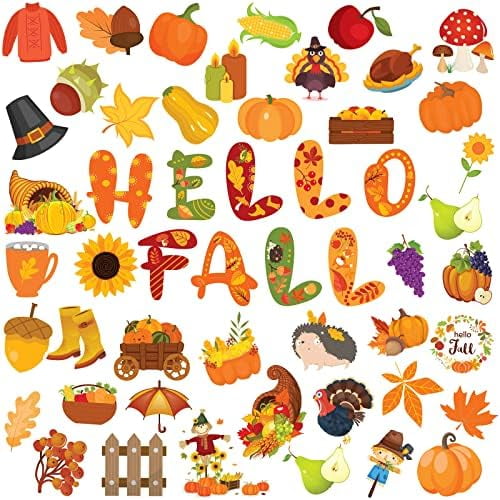 153 Pcs Fall Thanksgiving Cutouts for Bulletin Board Decoration Autumn Classroom Decorations Paper Thanksgiving Pumpkin Leaves Acorn Turkey Hello Fall Cutouts with 200 Glue Point for Party Home Decor