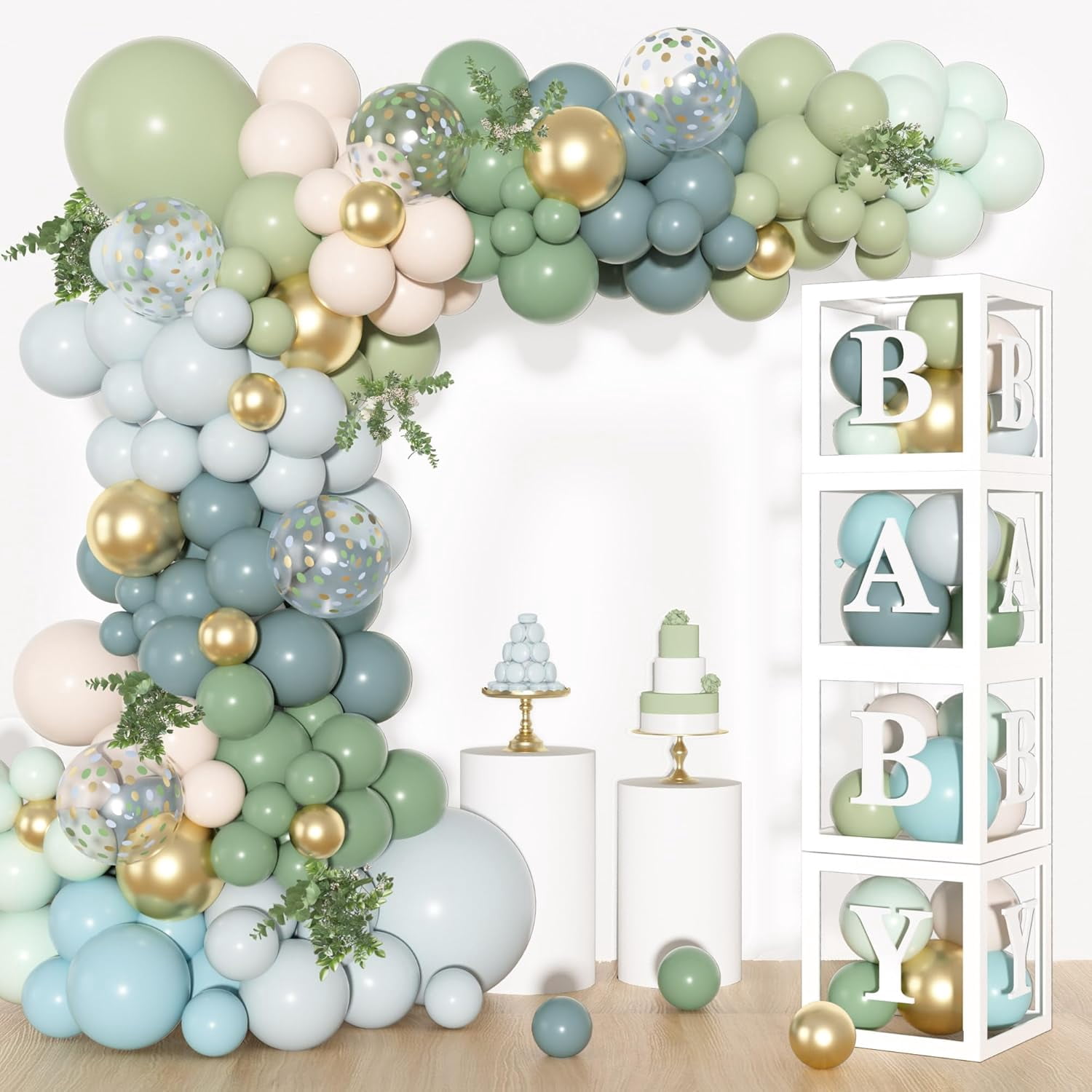 153Pcs Dusty Blue Green Balloons Baby Shower Decorations, Haze Fog Blue Mist Sage Green Balloon Arch Kit Baby Boxes with Letters (A-Z+Baby) for Baby Shower  Birthday Gender Reveal Party Supplies