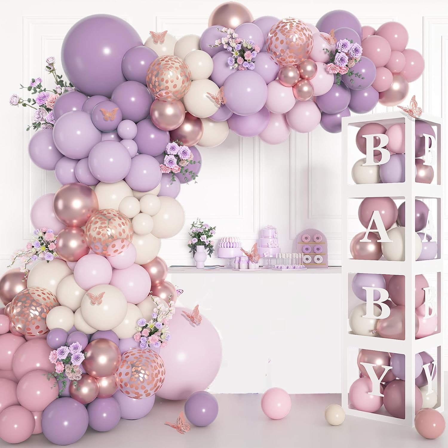 153Pcs Purple Baby Shower Decorations for Girl, Double-stuffed Pink Purple Balloon Arch Kit Baby Boxes with Letter Foil Butterfly Balloons Sticker for Birthday Wedding Party Supplies