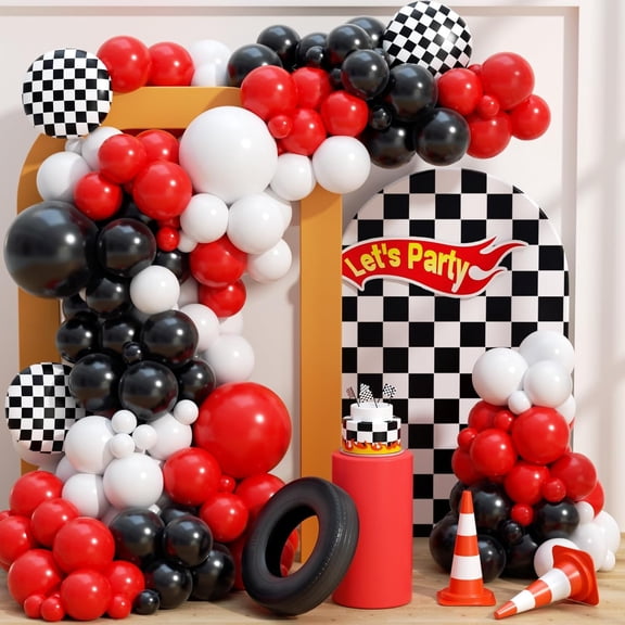 153Pcs Race Car Balloon Garland Arch Kit - Red and Black White Checkered Balloon Arch Kit 18 10 5 Inch Different Size Balloons for Racing Car Two Fast 2nd Theme Birthday Party Decorations